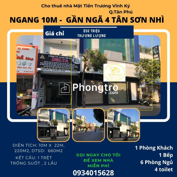 Cho thuê nhà mặt tiền thạch lam 100m2, 3lầu,  35triệu,đối diện trường th