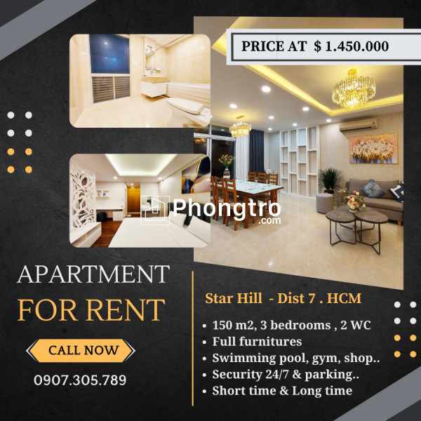 Cho thuê căn hộ cao cấp star hill - duplex 3pn, phú mỹ hưng quận 7. nhà mới, full nội thất.