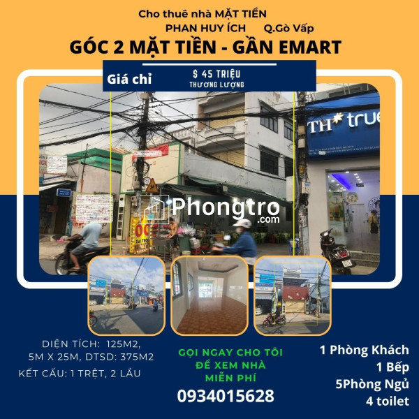 Cho thuê nhà 2 mặt tiền phan huy ích 125m2, 2lầu, 45 triệu