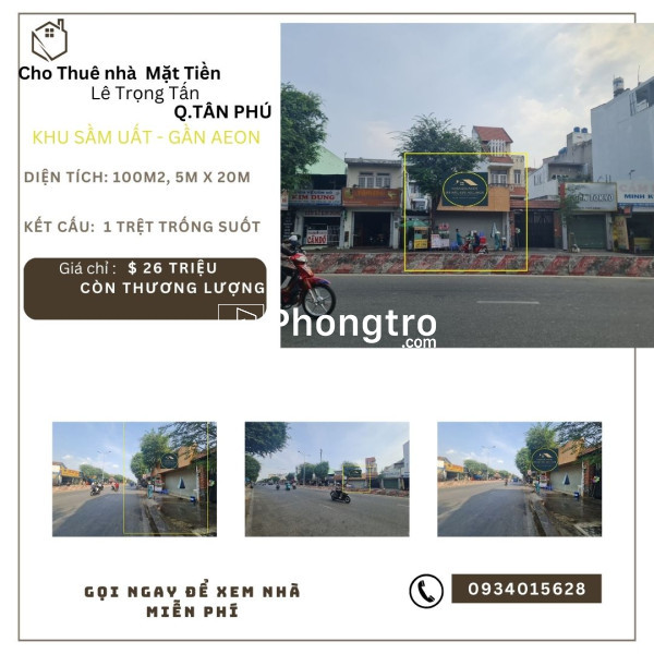 Cho thuê nhà mặt tiền lê trọng tấn 100m2, 26 triệu, gần aeon