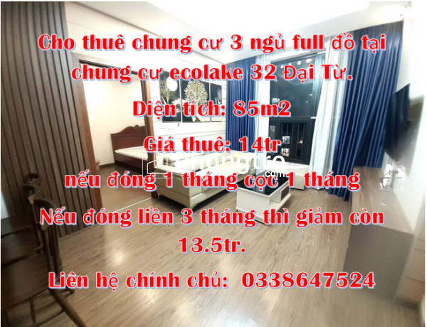 Cho thuê chung cư 3 ngủ full đồ tại chung cư ecolake 32 đại từ.