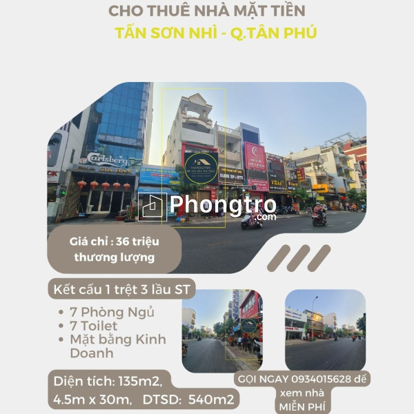 Cho thuê nhà mặt tiền tân sơn nhì 135m2, 3 lầu + st, 36 triệu