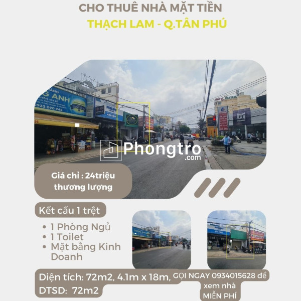 Cho thuê nhà mặt tiền thạch lam 72m2, 24 triệu, cạnh ngã tư